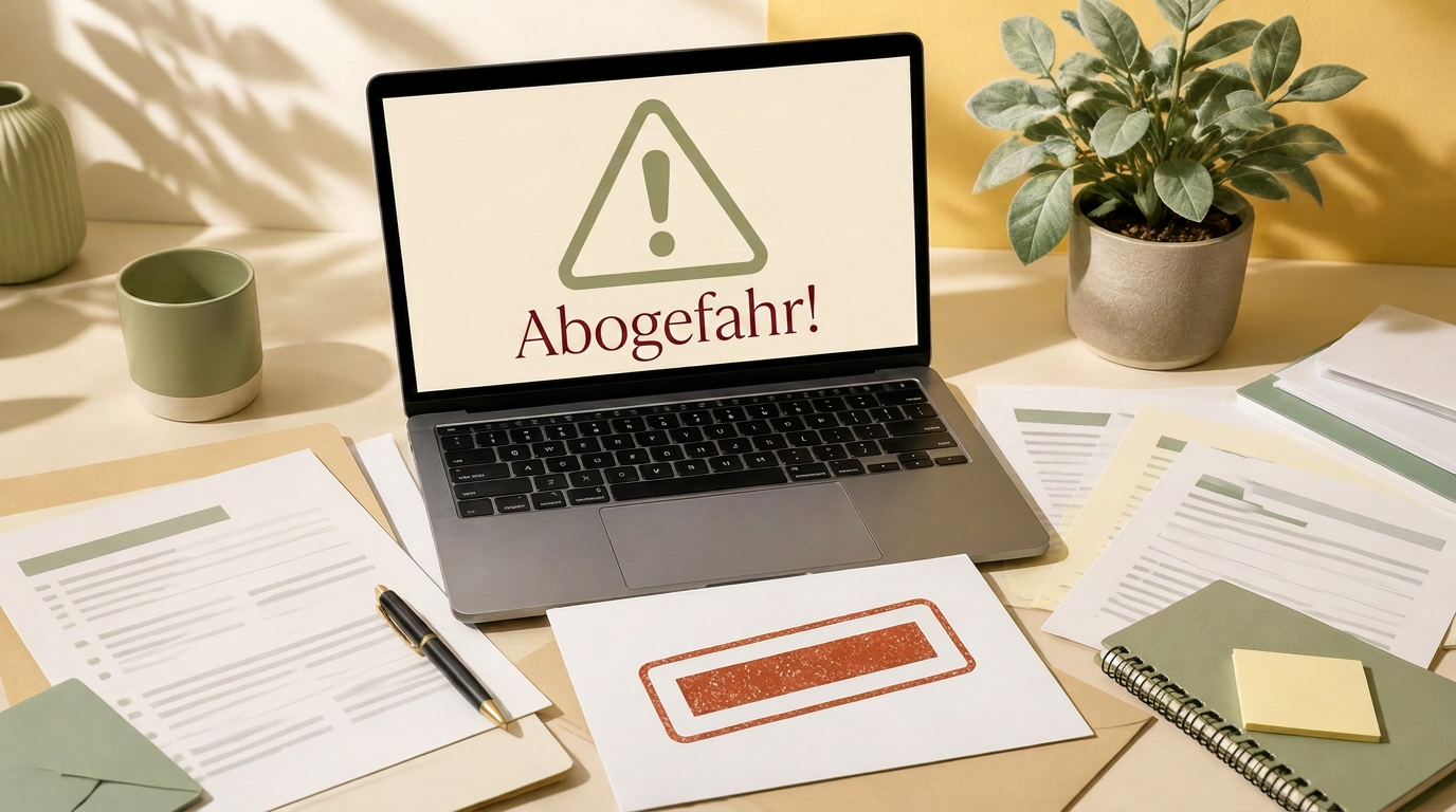 Laptop mit Warnsymbol, Vertragsunterlagen und Stempel auf einem Schreibtisch